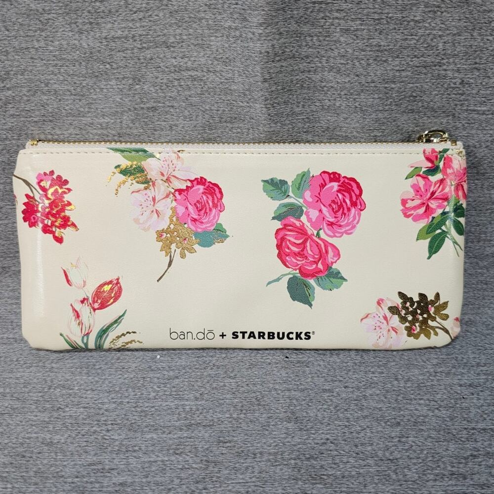 Limited Edition Starbucks & Bando Flower Cosmetic Pouch Bag Clutch Roses Flowers